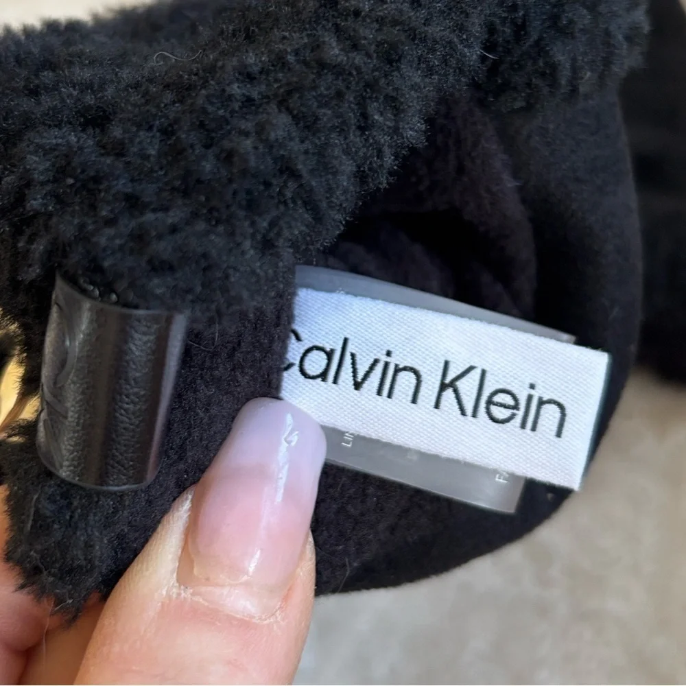 NWOT Calvin Klein Faux Fur Gloves Black Mittens Stretch Cord Fleece Lined Cozy
